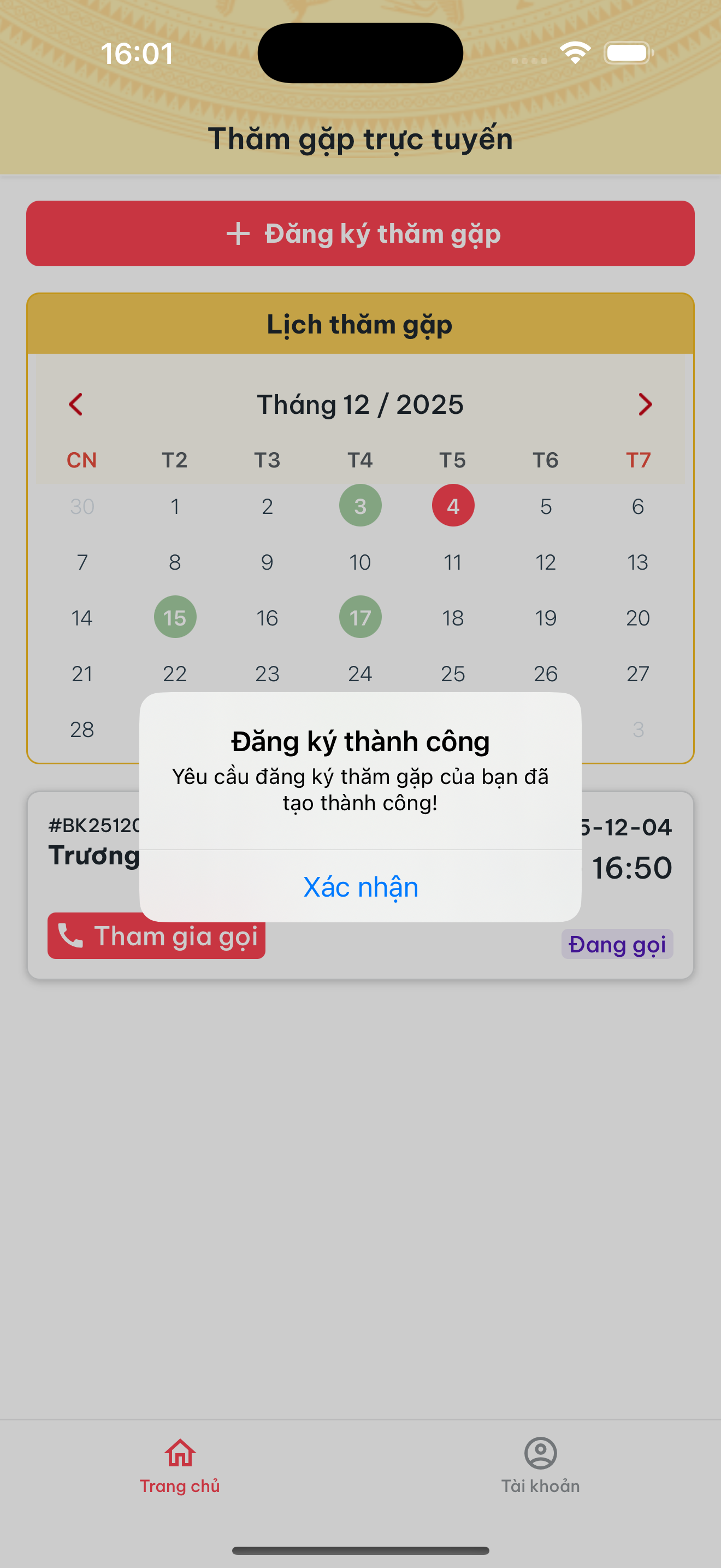 Thông báo đăng ký thăm gặp thành công