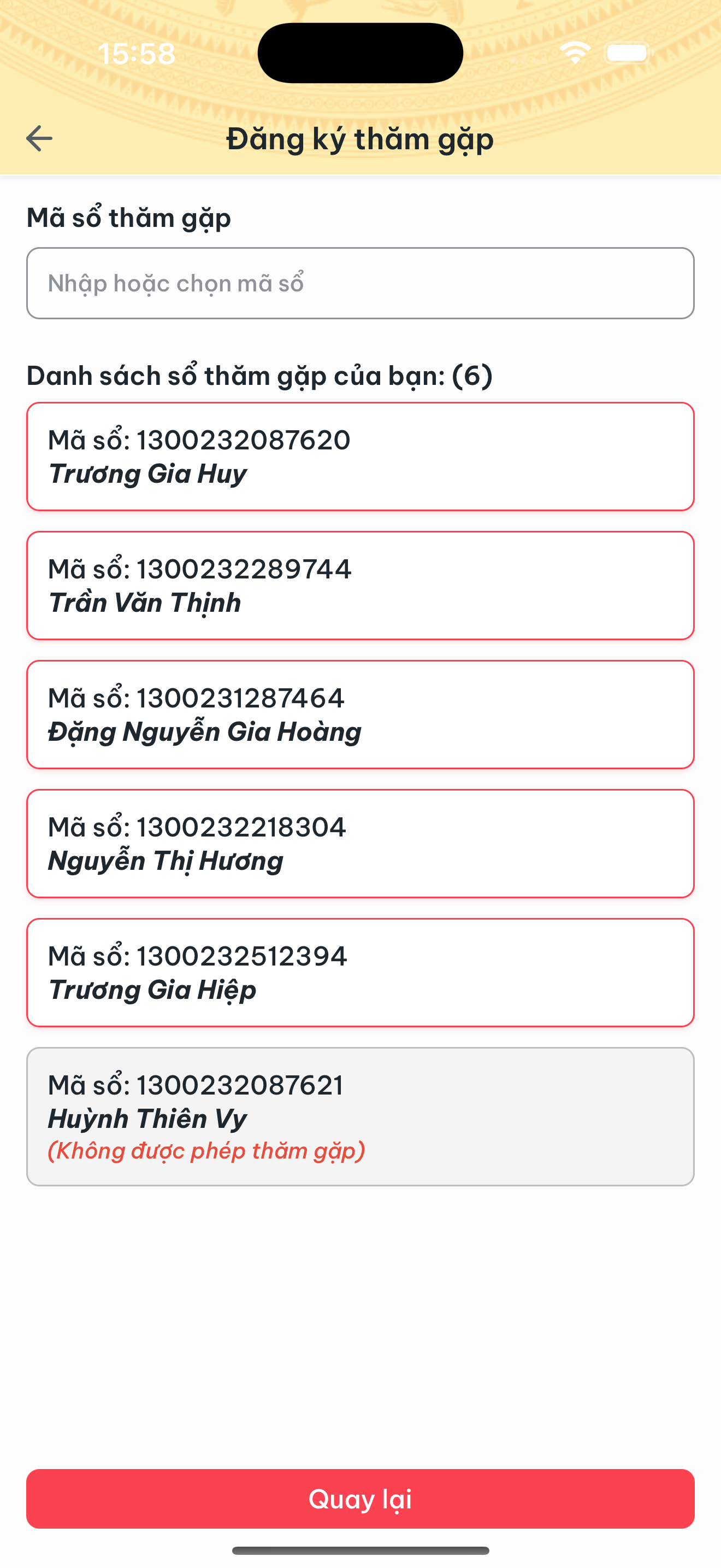 Danh sách mã số thăm gặp