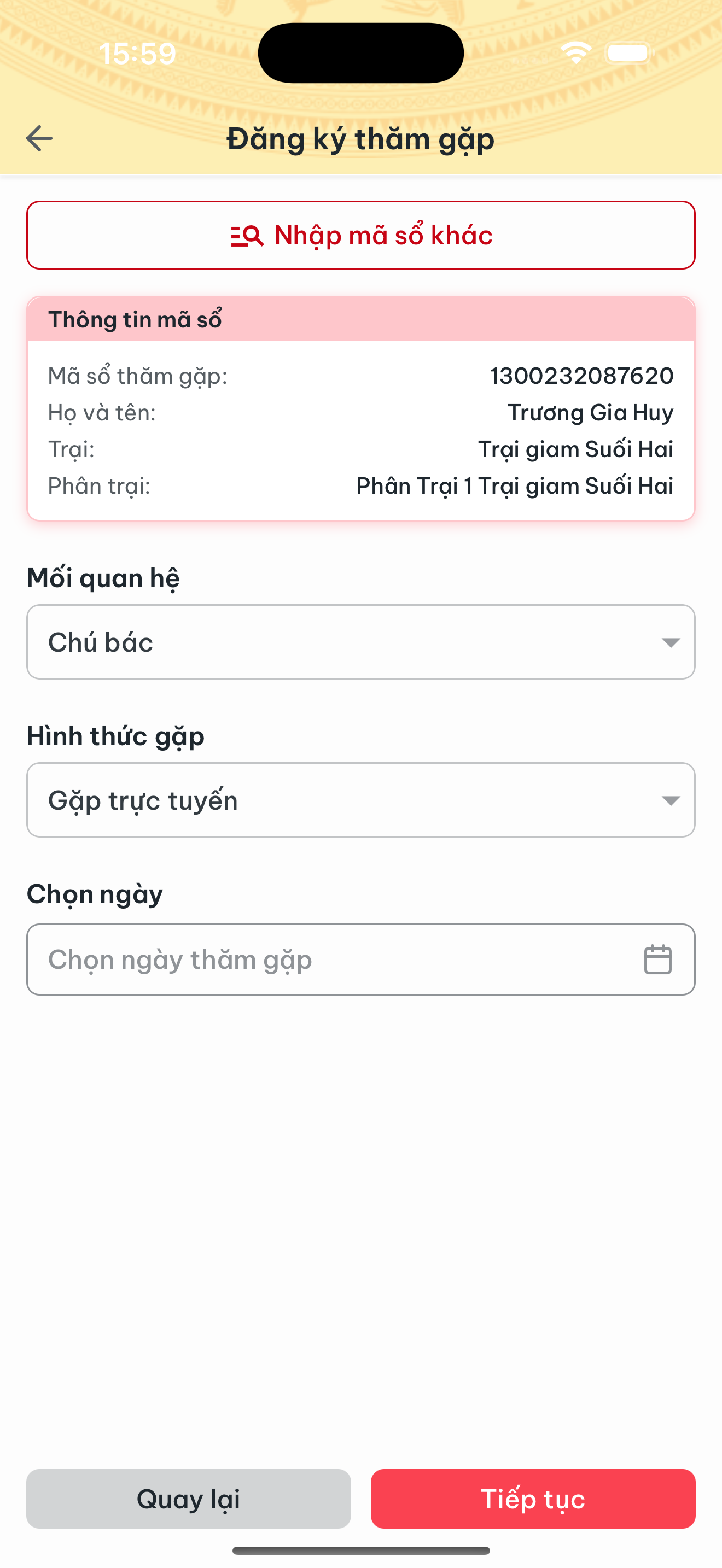 Màn hình Đăng ký thăm gặp với thông tin mã số