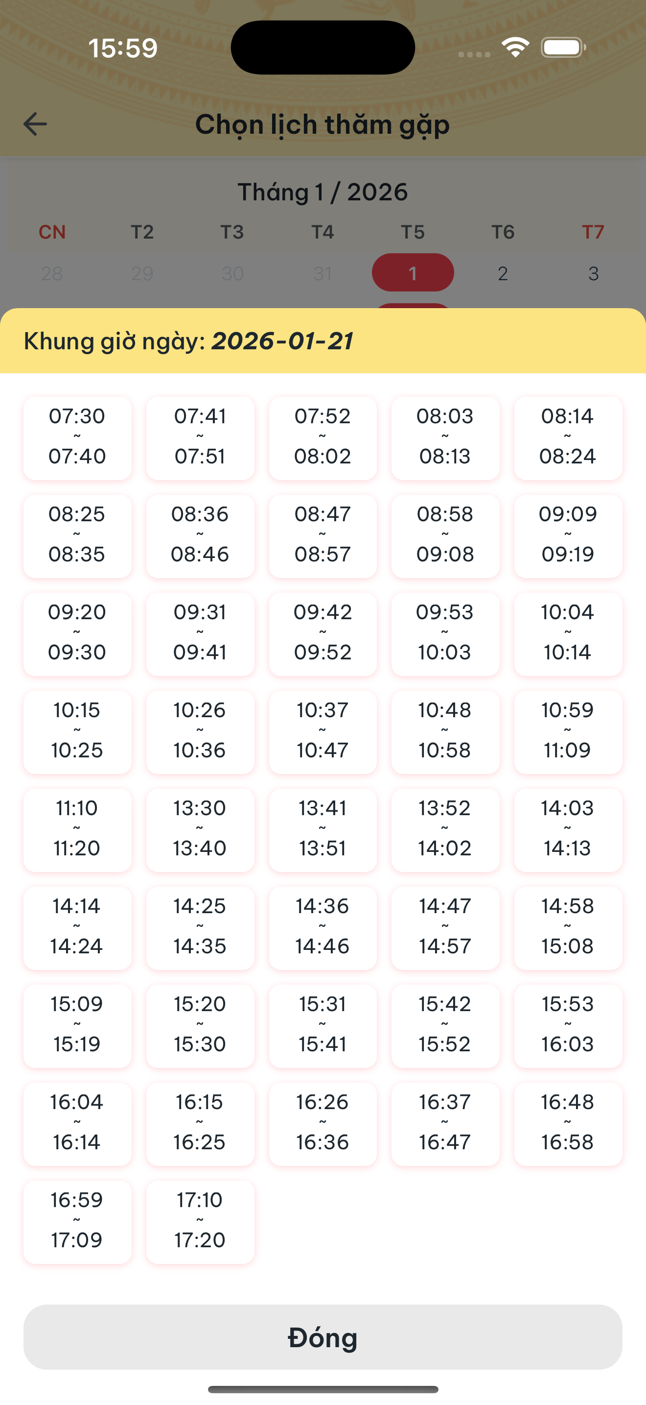 Danh sách khung giờ trong ngày