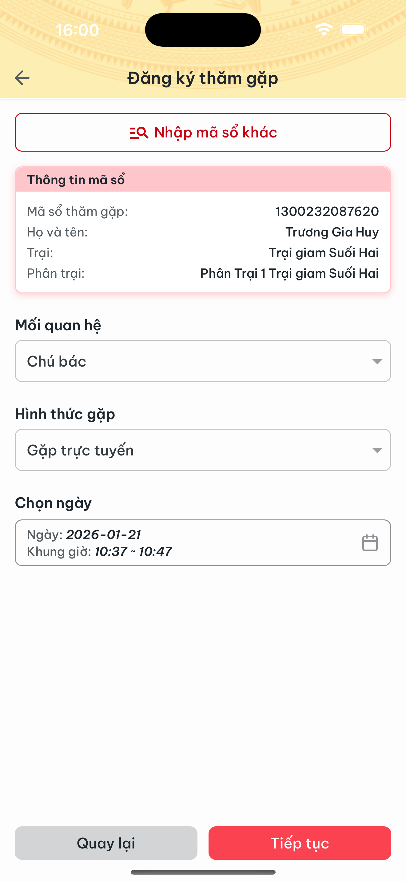 Màn hình Đăng ký thăm gặp sau khi chọn ngày giờ